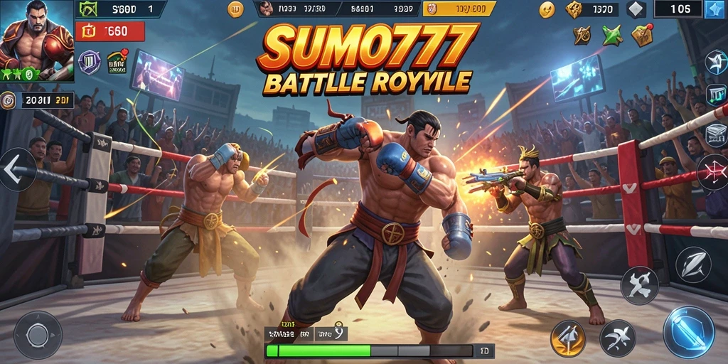 Screenshot gameplay SUMO777 dengan pertempuran Battle Royale yang seru.